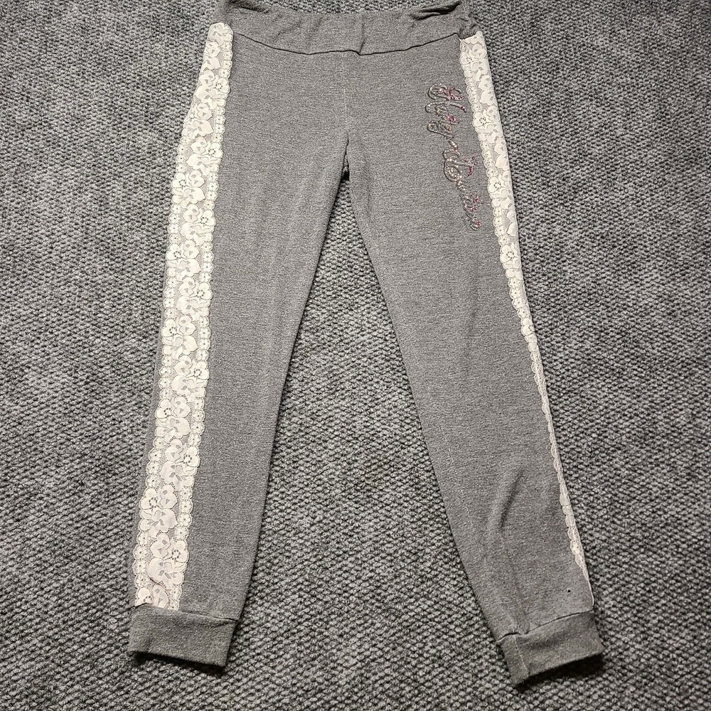 Harley Davidson Rhinestone Jogger Leggings Women's M GREY W White Lace Down Legs